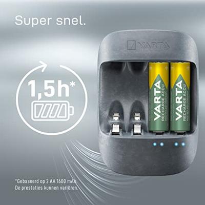 Varta Eco oplader (geschikt voor 4 AA/AAA batterijen, behuizing van 50% bioplastic met enkele doos- en druppellading, verpakking van 90% gerecycled materiaal)