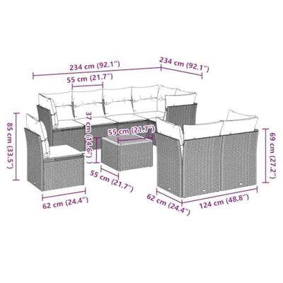9-delige Loungeset met kussens poly rattan grijs