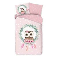 Good Morning Kinderdekbedovertrek "uil en veren" - Roze - (140x200/220 cm) - Katoen - thumbnail