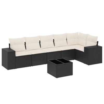 7-delige Loungeset met kussens poly rattan zwart