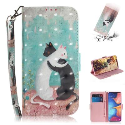 3D gekleurde tekening katten patroon horizontale Flip lederen case voor Galaxy A20e met houder & card slots & portemonnee