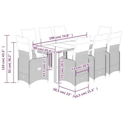 9-delige Bistroset met kussens poly rattan grijs