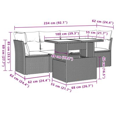 5-delige Loungeset met kussens poly rattan beige - thumbnail