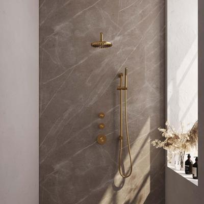 Brauer Gold Edition Thermostatische Regendoucheset Inbouw - Hoofddouche 20 cm - Gebogen Wandarm - Handdouche Staaf - Doucheslang - Geintegreerde Glijstang - Geborsteld Goud