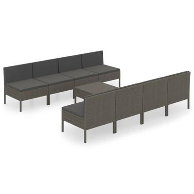 9-delige Loungeset met kussens poly rattan grijs