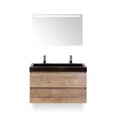 Maxx XL Badmeubelset 100 cm - Natuur Eiken - Wastafel Lucca 2 kraangaten - met LED Spiegel