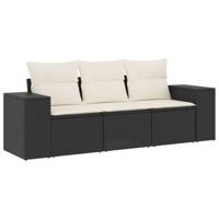 3-delige Loungeset met kussens poly rattan zwart - thumbnail