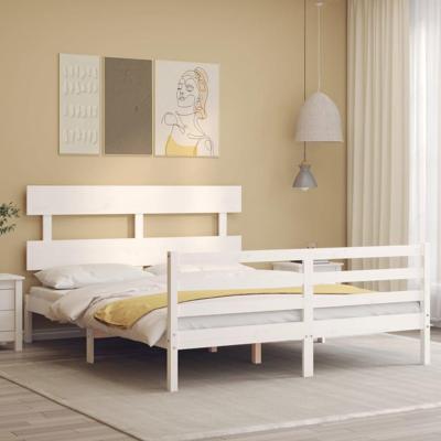Bedframe met hoofdbord massief hout wit 160x200 cm