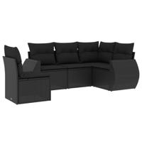 5-delige Loungeset met kussens poly rattan zwart - thumbnail