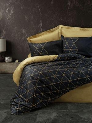 Beddenset - 1 dekbedovertrek 140 x 200 cm + 1 kussensloop 60 x 60 cm - 100% versterkt katoen - Zwart/gouden grafische print