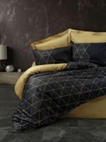 Beddenset - 1 dekbedovertrek 140 x 200 cm + 1 kussensloop 60 x 60 cm - 100% versterkt katoen - Zwart/gouden grafische print - thumbnail