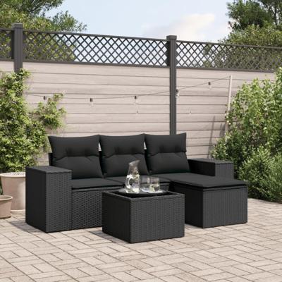 5-delige Loungeset met kussens poly rattan zwart