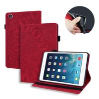 Voor iPad 4 & 3 & 2 kalf patroon dubbele vouwen ontwerp reliëf lederen draagtas met houder & kaartsleuven & pen slot & elastische band (rood) - thumbnail