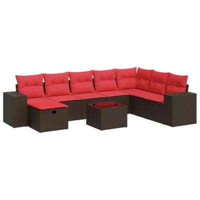9-delige Loungeset met kussens poly rattan bruin