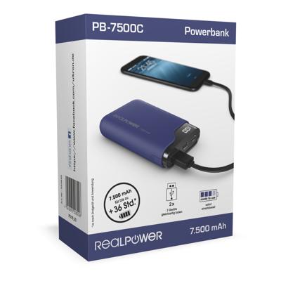RealPower PB-7500C Powerbank 7500 mAh Li-ion USB, USB-C Navy-blauw Statusweergave