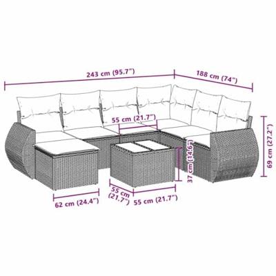 8-delige Loungeset met kussens poly rattan lichtgrijs
