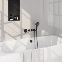 Mat zwarte thermostatische inbouw badkraan SET 02 met badvulcombinatie, handdouche en wandaansluitbocht - thumbnail