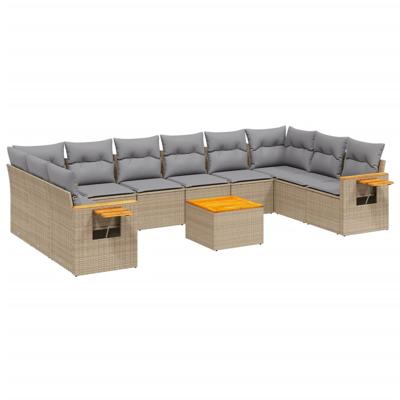 10-delige Loungeset met kussens poly rattan beige