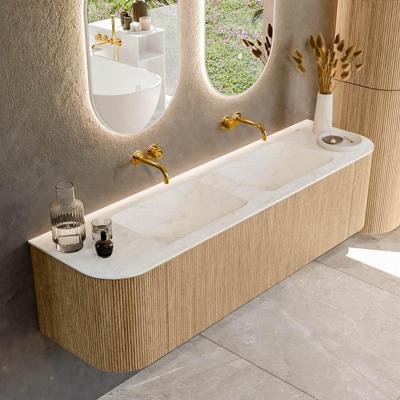 Mondiaz KURVE-DLUX 170 cm Onderkast Greeploos 1 Lade Met Deuren Oak, Wastafel Solid Surface Dubbel Opalo 0 Kraangaten Zonder Spiegel (KRVLEA170L+R1L2D0KD-Oak/Opa)