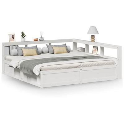 Bed met boekenkast zonder matras grenenhout wit 200x200 cm - thumbnail