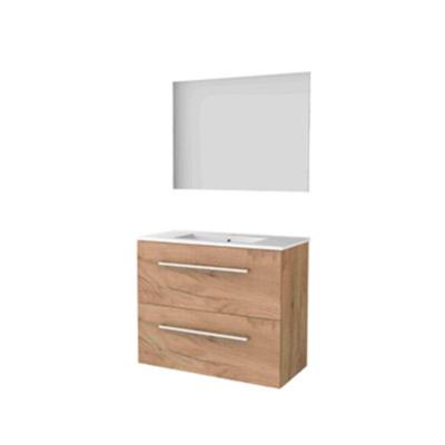 Basic-Line Ultimate 39 Badkamermeubelset - Ondiep - 80 x 39 cm - Greeploos - 2 Lades - Keramische Wastafel - 1 Kraangat - Spiegel met Indirecte LED Verlichting - Whisky Oak