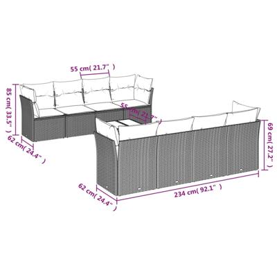 9-delige Loungeset met kussens poly rattan grijs
