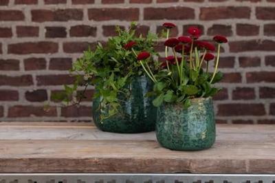 Clayre & Eef Bloempot Ø 13x11 cm Groen Keramiek Rond Bladeren