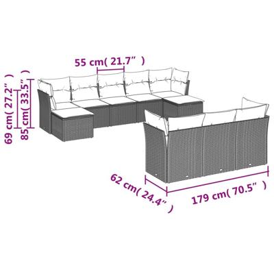 10-delige Loungeset met kussens poly rattan zwart - thumbnail