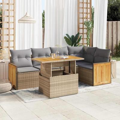 6-delige Loungeset met kussens poly rattan beige