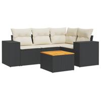 5-delige Loungeset met kussens poly rattan zwart - thumbnail