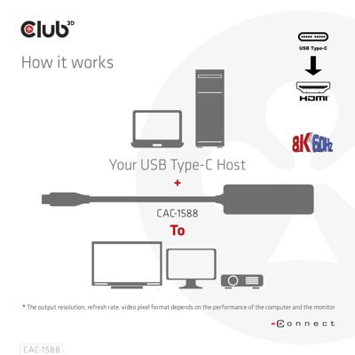 club3D USB 2.0 Adapter [1x USB-C stekker - 1x HDMI-bus] Adapter USB 3.2 Typ C - HDMI 2.1 17 cm