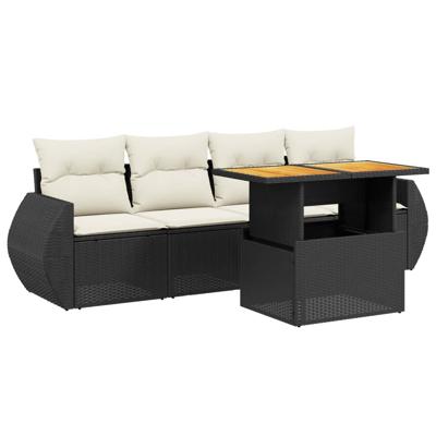 5-delige Loungeset met kussens poly rattan zwart