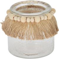 Windlicht glas met raffia en kralen 11cm - thumbnail
