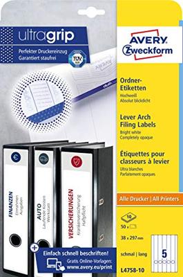 Avery-Zweckform Ordneretiketten L4758-10 38 x 297 mm Papier Wit Permanent hechtend 50 stuk(s)