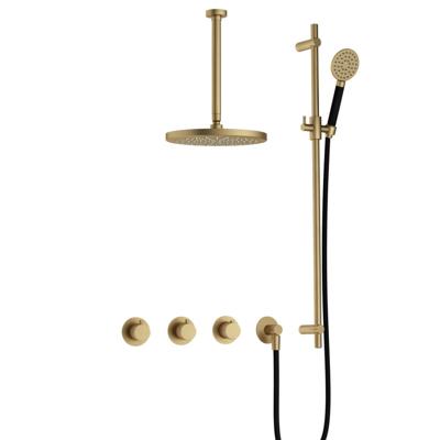Hotbath Cobber - CB7067 - Inbouw Regendoucheset - Geborsteld Messing - 2 Stopkranen - Thermostatisch - Plafondbuis 30 cm - Hoofddouche 200 mm - Ronde Handdouche 3 Standen - Glijstang 900 mm - Waterbesparend
