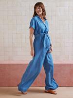 Ruime jumpsuit met korte mouwen voor zwangerschap en borstvoeding in lyocell stone - thumbnail