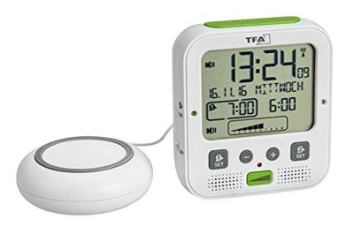 TFA Dostmann 60.2538.02 Wekker Zendergestuurd Wit, Groen Alarmtijden 2 Trilalarm, Extra luid wekgeluid, Groot display TFA Dostmann 60.2538.02 Wekker Zendergestuurd Wit, Groen Alarmtijden 2 Trilalarm, Extra luid wekgeluid, Groot display