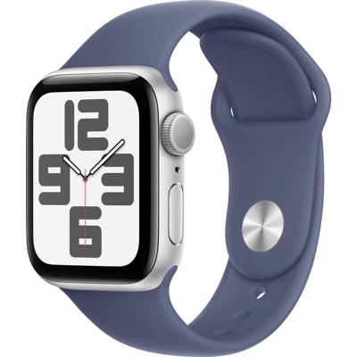 Apple Watch SE (2e gen.) GPS 40 mm Smartwatch - Kast van zilverkleurig aluminium - Denim sportbandje (M/L). Conditie en slaap bijhouden, ongelukdetectie, hartritme monitoren, Retina-display