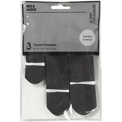 Creativ Company Pompon van papier, d 20+24+30 cm, 16 gr, zwart, 3 stuk/ 1 doos