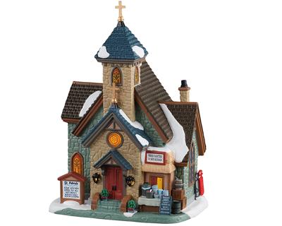 Lemax st. patrick's food pantry & soup kitchen verlichte kerk Caddington Village 2021