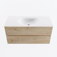 MONDIAZ VICA 100cm badmeubel onderkast Washed Oak 2 lades. Wastafel MOON midden 1 kraangat, kleur Talc. - thumbnail
