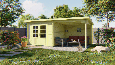 Blokhut Chappo 300x300 cm + luifel 298 cm - Groen geïmpregneerd- Lessenaarsdak- Geïmpregneerd vurenhout- Tuindeco