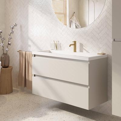 Saqu Gaia ondiep badmeubel incl. glans witte wastafel met 2 kraangaten 120x40x64cm kiezel grijs - aluminium greeplijst