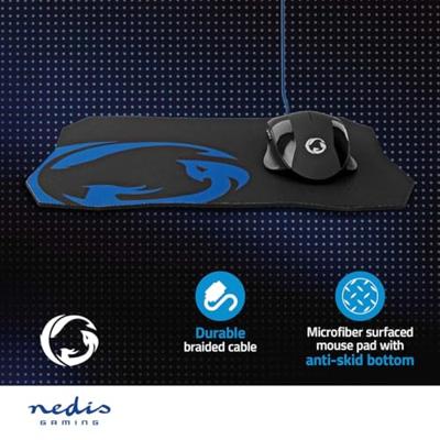 Nedis GMMP110BK Gaming Muis & Muismat Set Bedraad Dpi: 1200 / 2400 / 4800 / 7200 Dpi Instelbare Dpi Aantal Knoppen: 6 Programmeerbare Knoppen Rechtshandig 1.50 M Zonder Verlichting