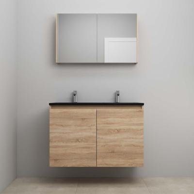 On-Line Badkamermeubelset - 100 cm - Voorgemonteerd - Greeploze Ladestructuur - Acryl Wastafel - 2 Kraangaten - Spiegelkast - Eiken