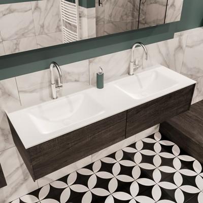 Mondiaz Lush Cloud badmeubel eiken Dark brown 150 cm 2 lades solid surface dubbele spoelbak 2 kraangaten