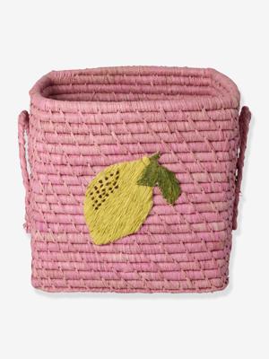 Raffia mandje met citroenborduurwerk en rice vierkante handgrepen rozen Raffia mandje met citroenborduurwerk en rice vierkante handgrepen rozen