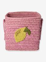 Raffia mandje met citroenborduurwerk en rice vierkante handgrepen rozen - thumbnail
