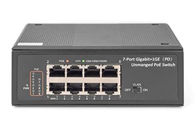 DIGITUS Industriële 7-poorts Gigabit PoE schakelaar - 1x Power Delivery poort - 8x RJ45 - 10/100/1000 Mbit/s - DIN rail montage - Zwart