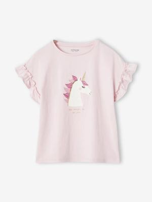 Meisjes-T-shirt met iriserend motief en korte mouwen met ruches lichtroze